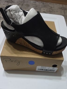 T Party Fashion Black Cork Wedge Sandal